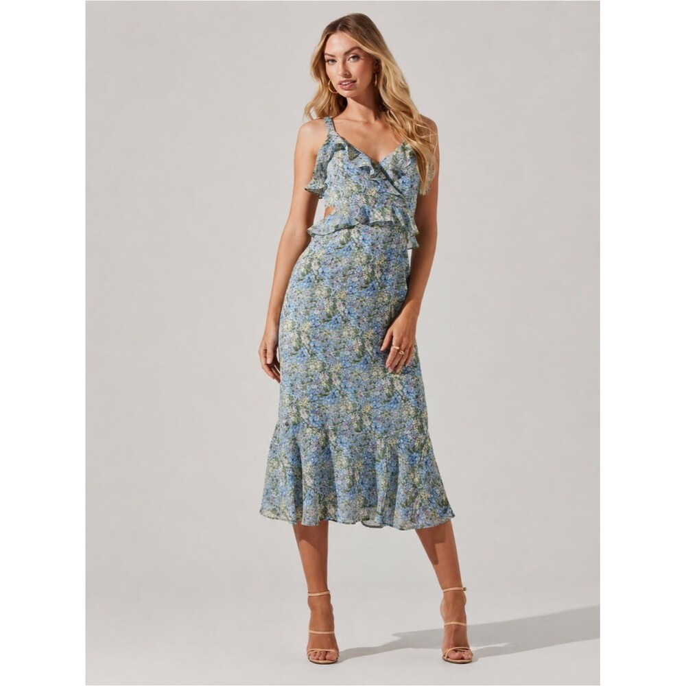 ASTR The Label Blue Floral Ruffle Cutout Midi Dress XL Wedding Guest Cottagecore